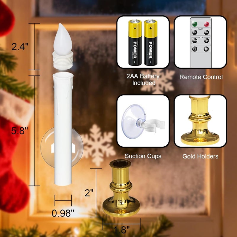 DRomance 9" Flameless Window Taper Candles Battery Operated with 8-Key Remote and Timer, 4 Pack White Christmas Holdiay Window Candles with Gold Holders, Suction Cups and AA Batteries Included - Image 2